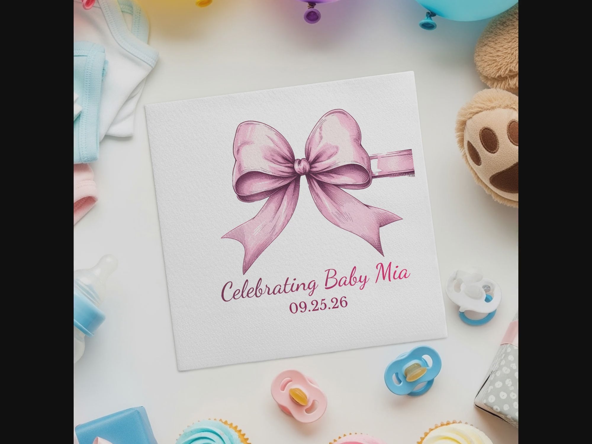 Personalized Baby Shower Napkins – Celebrating Baby – Elegant Pink Bow – Custom Baby Shower Napkin with Date Line