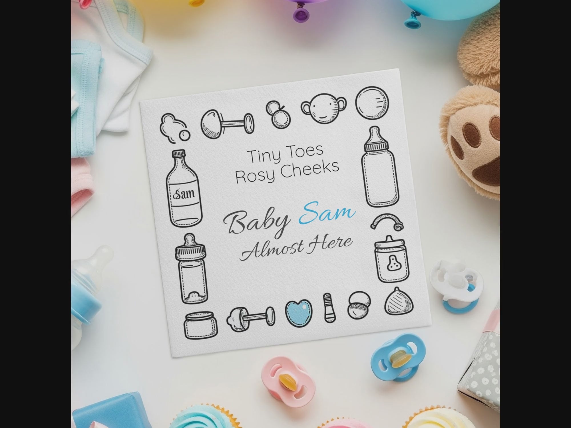 Personalized Baby Shower Napkins – Tiny Toes, Rosy Cheeks – Custom Baby Shower Napkin with Monochrome Icons – Gender‑Neutral Accent
