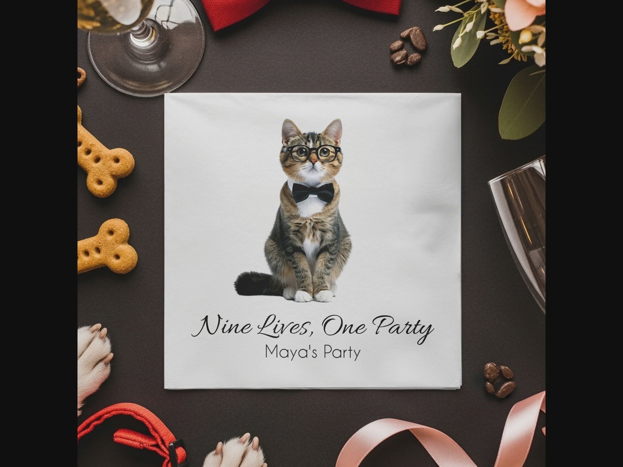 Nine Lives One Party Napkin, Cat Lover Napkin, Pet Party Napkin, Funny Napkin, Maya's Party, Cute Party Napkin, Cat in Bow Tie Napkin