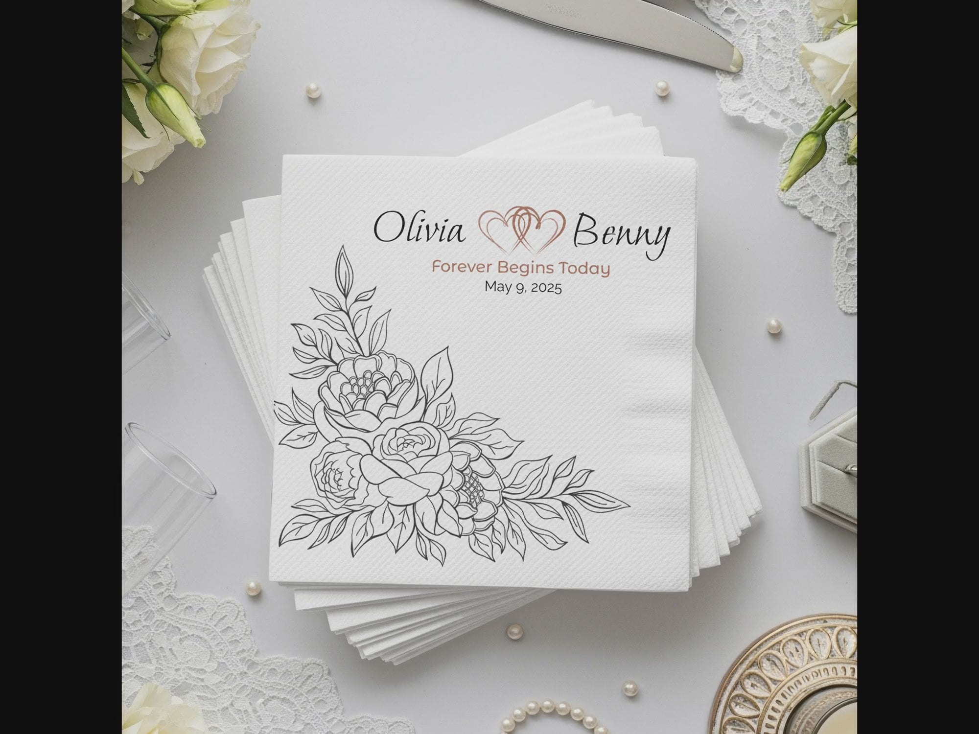Personalized Wedding Napkins – Forever Begins Today – Custom Wedding Napkin with Floral Corner Artwork – Romantic Modern Style