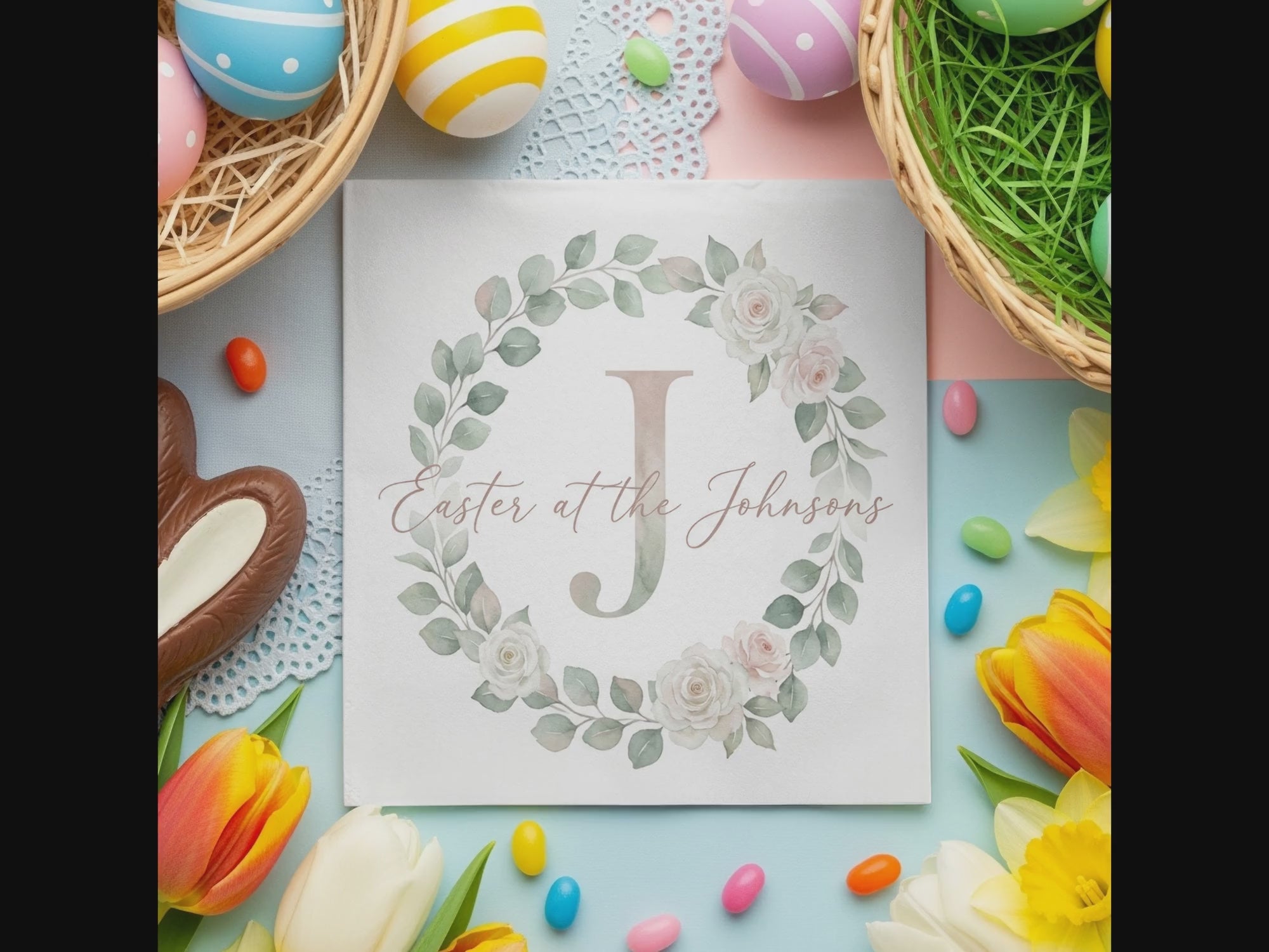 Personalized Easter Beverage Napkins – Monogram Wreath