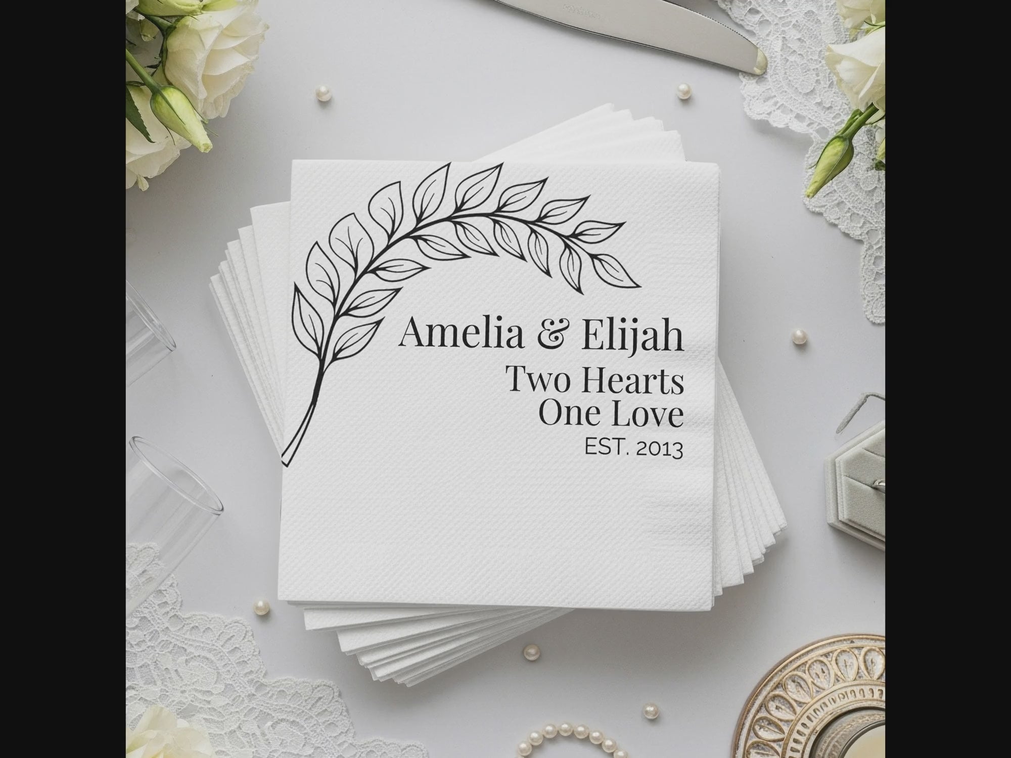 Personalized Wedding Napkins – Two Hearts One Love – Custom Wedding Napkin with Leaf Branch Design – Elegant Black & White Style