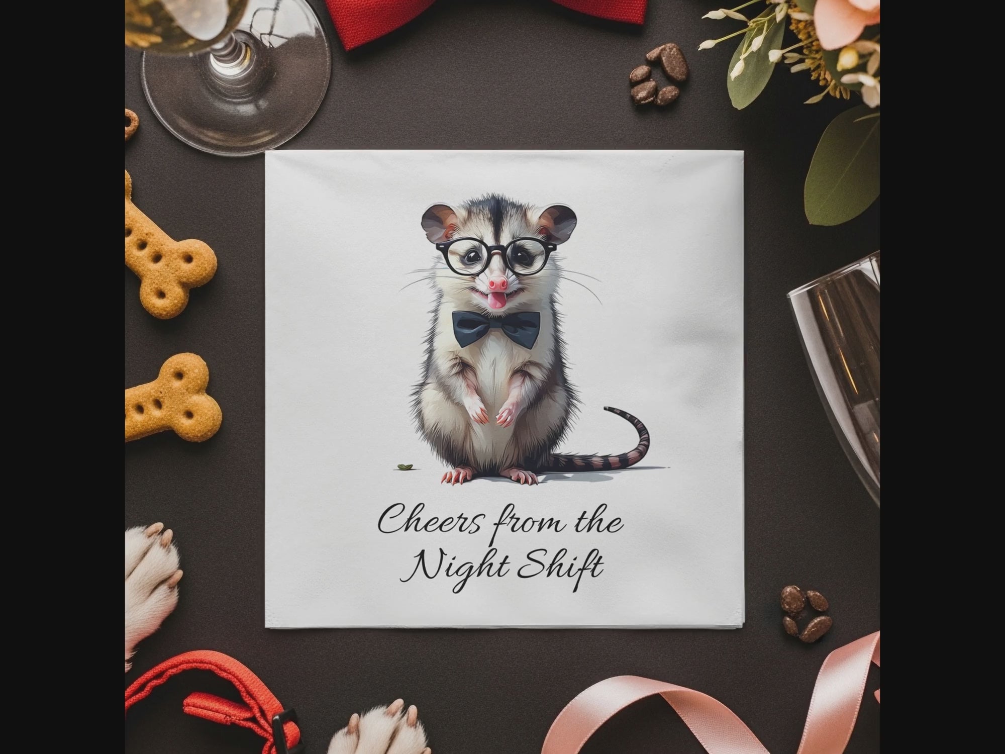 Opossum Napkin, Funny Animal Napkin, Cheers from the Night Shift, Cute Possum Gift, Nerdy Animal Napkin, Party Napkin, Novelty Napkin