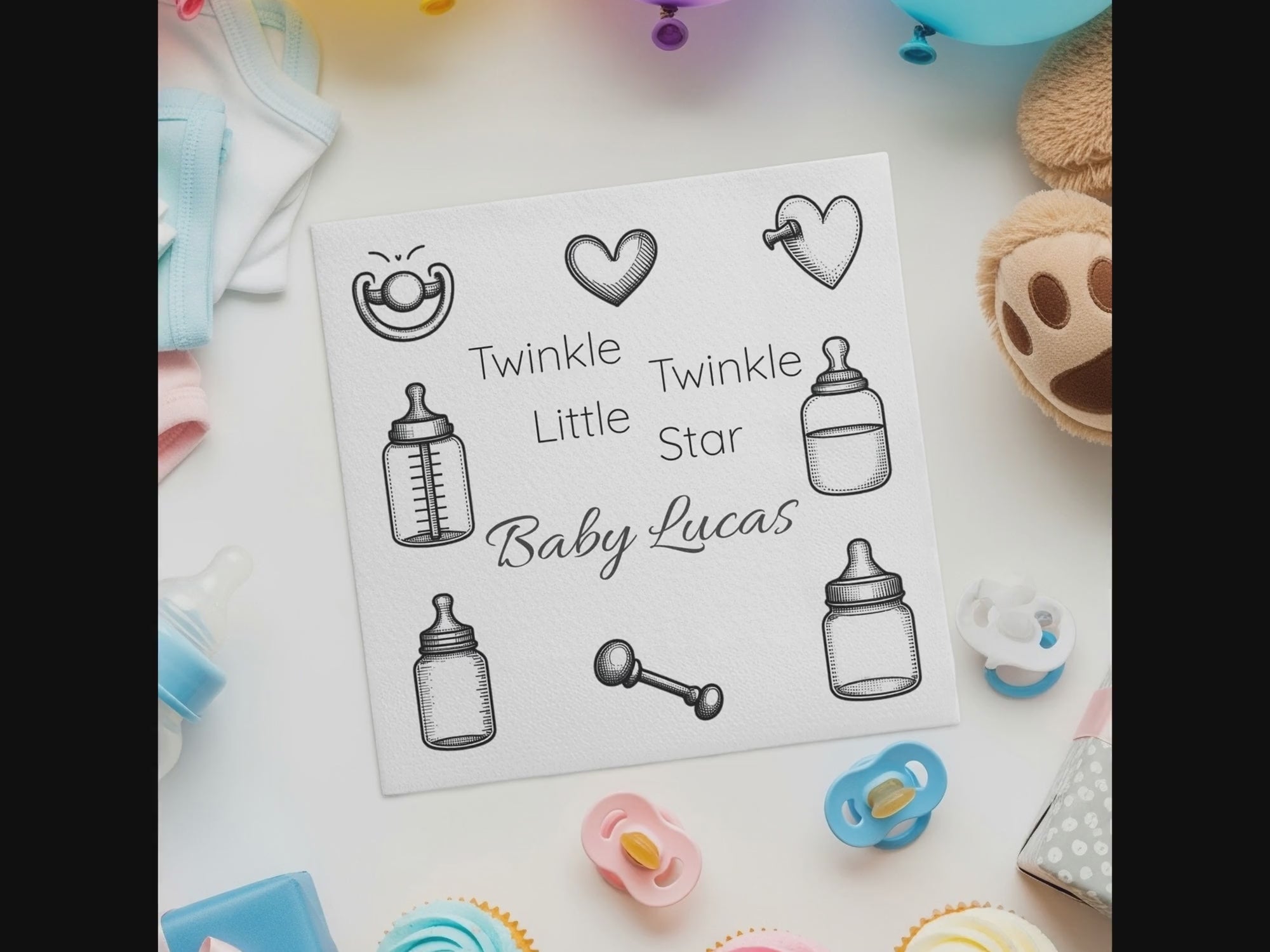 Personalized Baby Shower Napkins – Twinkle Twinkle – Custom Baby Shower Napkin with Black & White Icons – Minimal Nursery Style