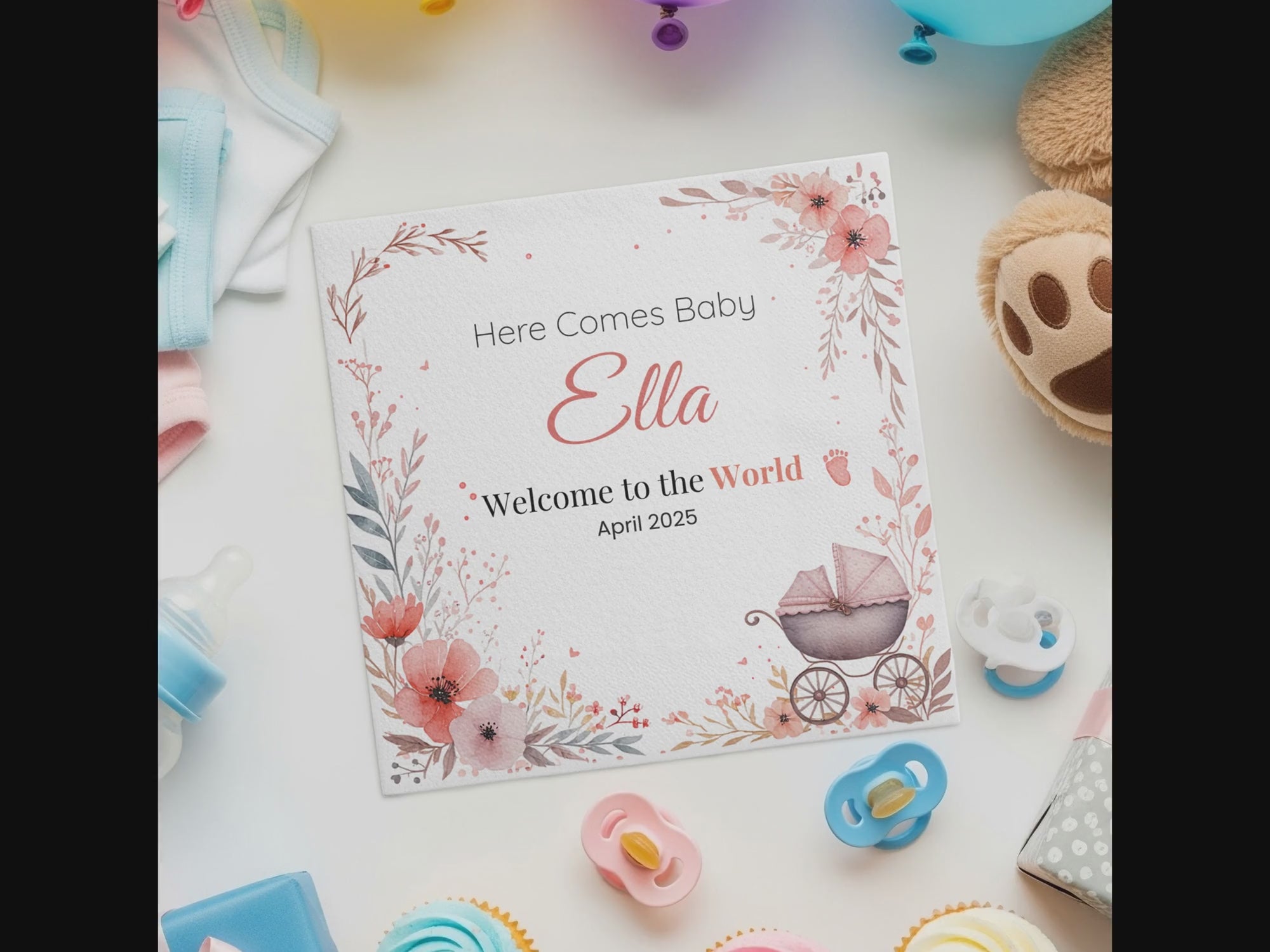 Personalized Baby Shower Napkins – Here Comes Baby – Custom Baby Shower Napkin with Vintage Carriage – Welcome Baby Theme