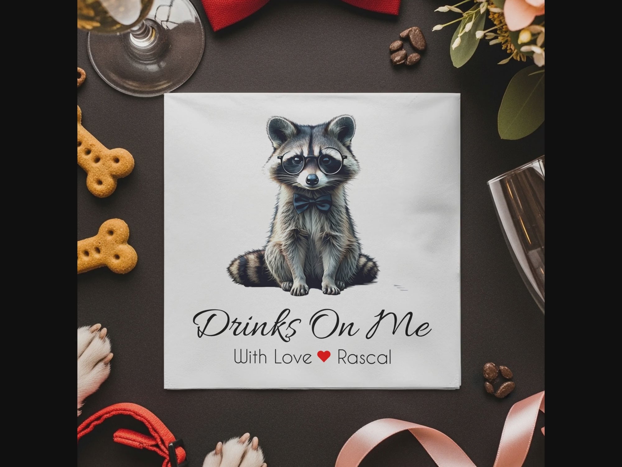 Drinks On Me Napkin, Raccoon Napkins, Funny Napkin, Animal Napkin, Party Napkins, Novelty Napkins, Cocktail Napkin, Barware Napkin
