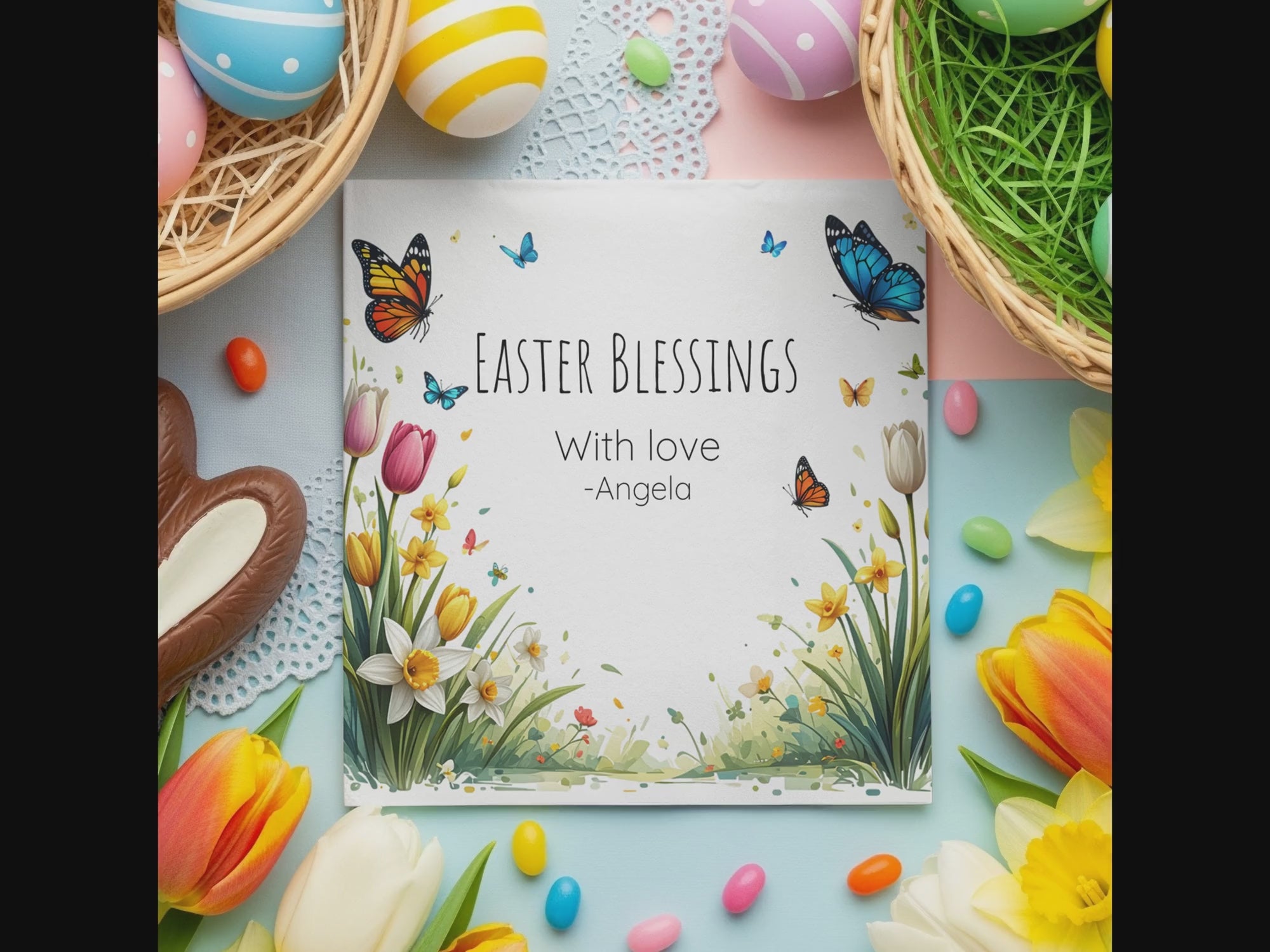 Easter Blessings Custom Napkins – Spring Tulips & Butterflies – Personalized Holiday Napkin with Name