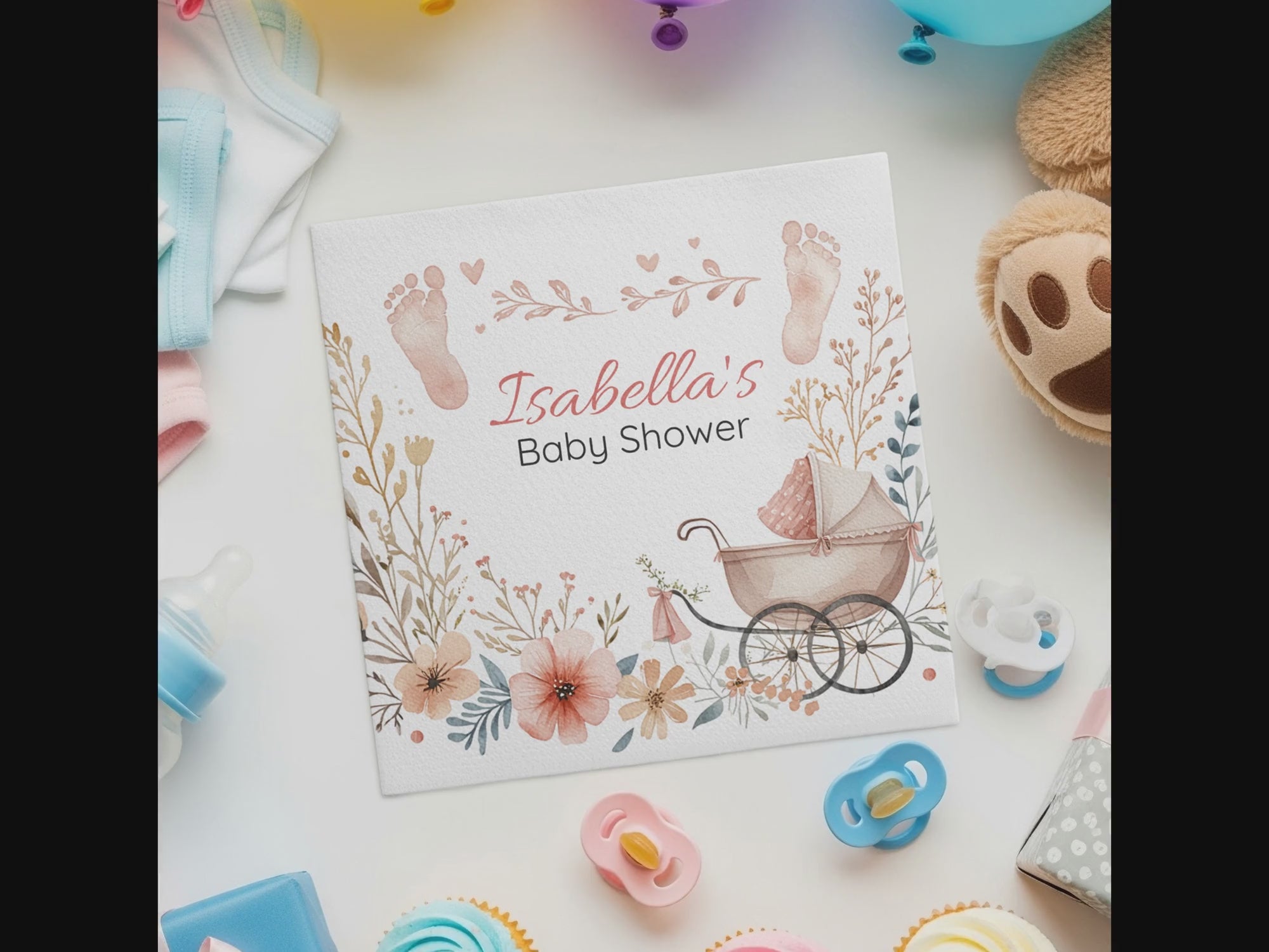 Personalized Baby Shower Napkins – Vintage Carriage – Custom Baby Shower Napkin with Name & Date – Classic Pastel Florals