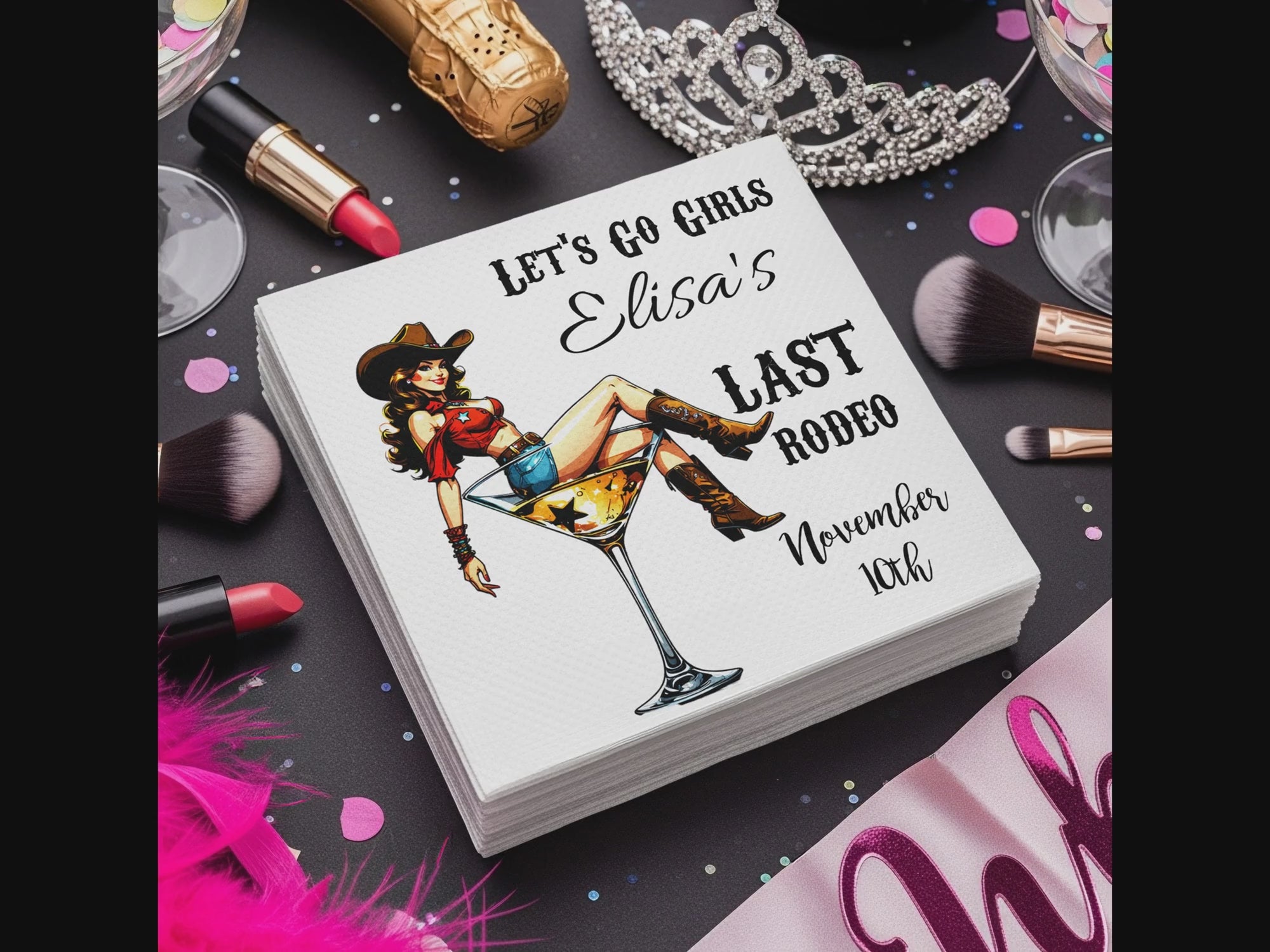 Personalized Bachelorette Napkins – Colorful Cowgirl Last Rodeo – Custom Party Napkins with Name & Date – Featuring Cocktail Glass Design
