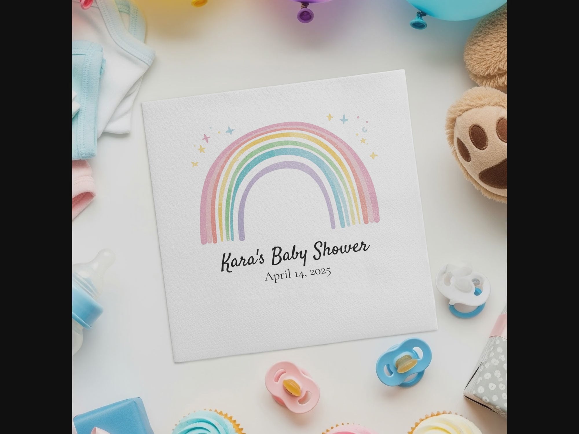 Personalized Baby Shower Napkins – Pastel Rainbow – Custom Baby Shower Napkin with Stars – Date & Greeting Line