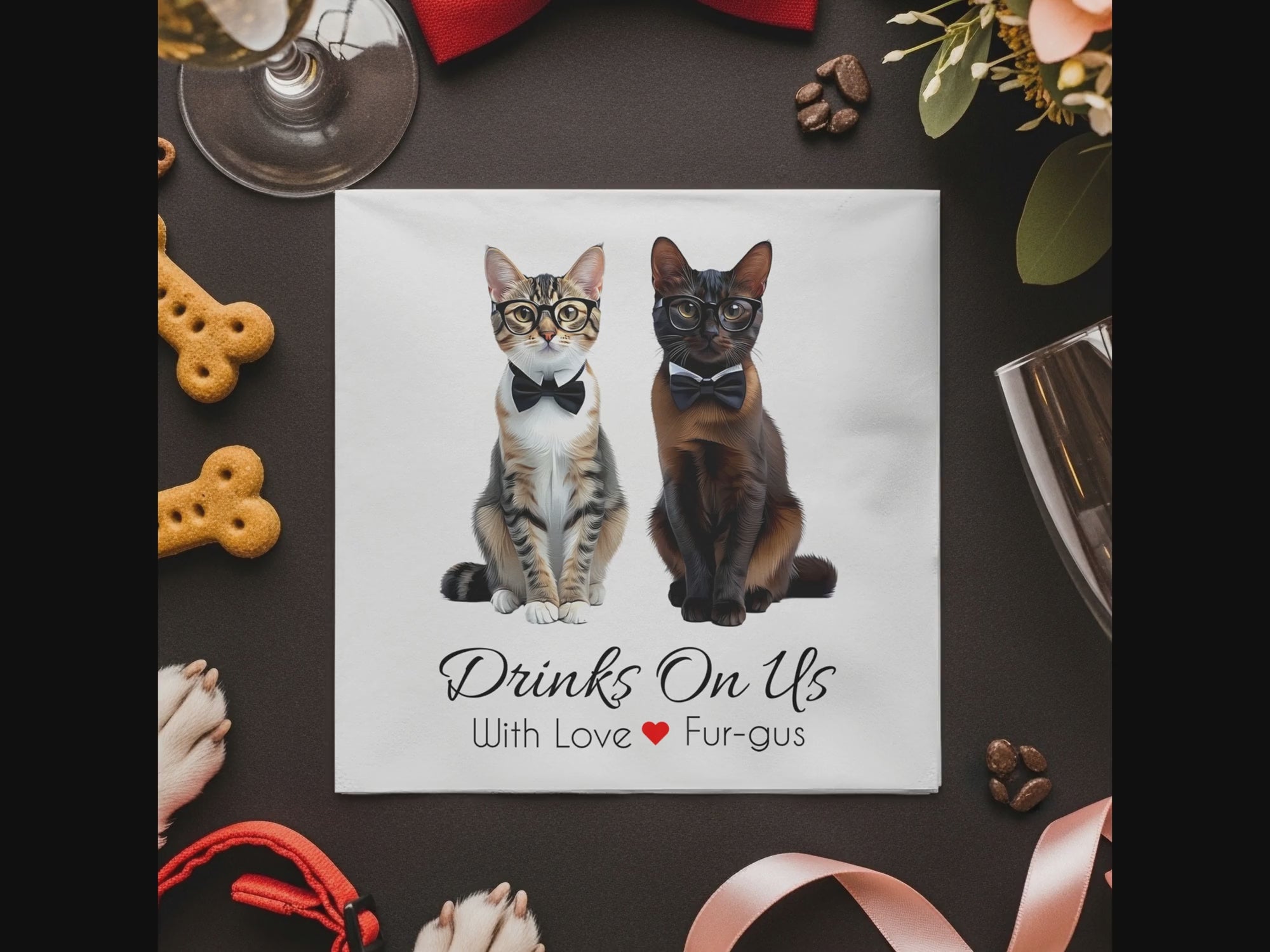 Cat Napkin, Drinks On Us, Kitten Napkin, Funny Napkin, Cat Lover Gift, Hostess Gift, Party Napkin, Cat Art Napkin, Unique Napkin