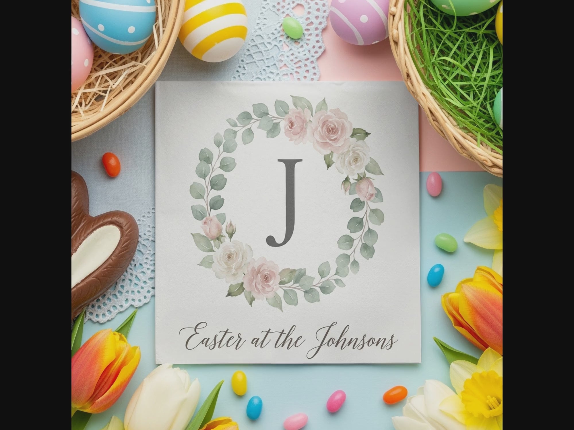 Personalized Easter Cocktail Napkins – Monogram Wreath