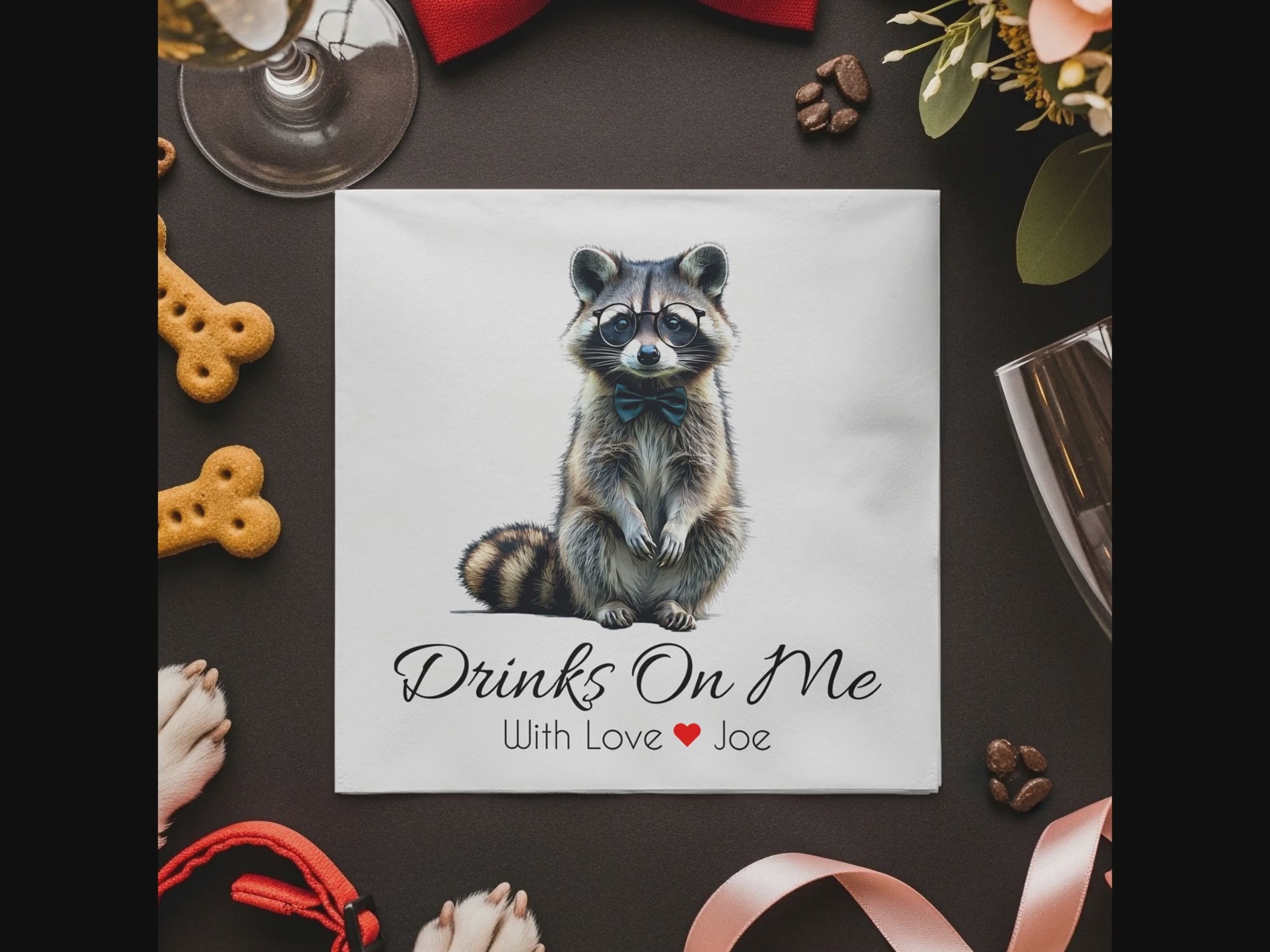 Drinks On Me Napkin, Raccoon Napkin, Animal Lover Gift, Funny Raccoon, Bowtie Napkin, Cute Animal, Party Napkin, Raccoon Art