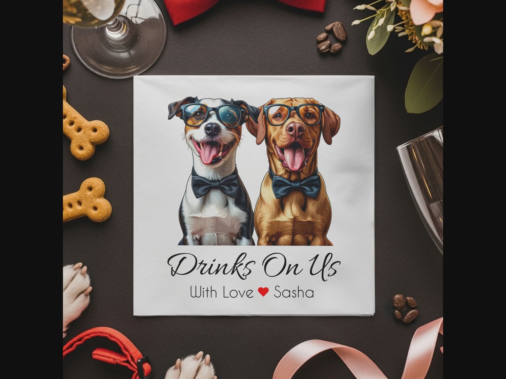 Drinks On Us Napkin, Dog Napkin, Dog With Glasses, Jack Russell Napkin, Labrador Napkin, Custom Napkin, Party Napkin, Funny Napkin