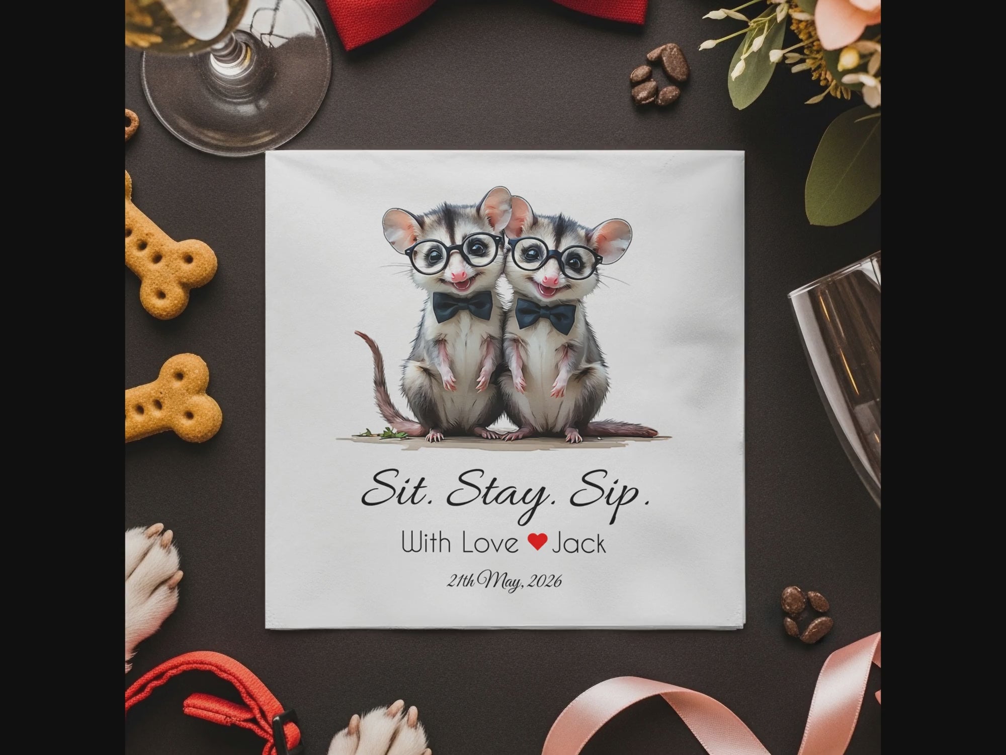 Possum Napkin, Sit Stay Sip Napkin, Animal Napkin, Cute Napkin, Personalized Napkin, Funny Napkin, Wedding Napkin, Event Napkin