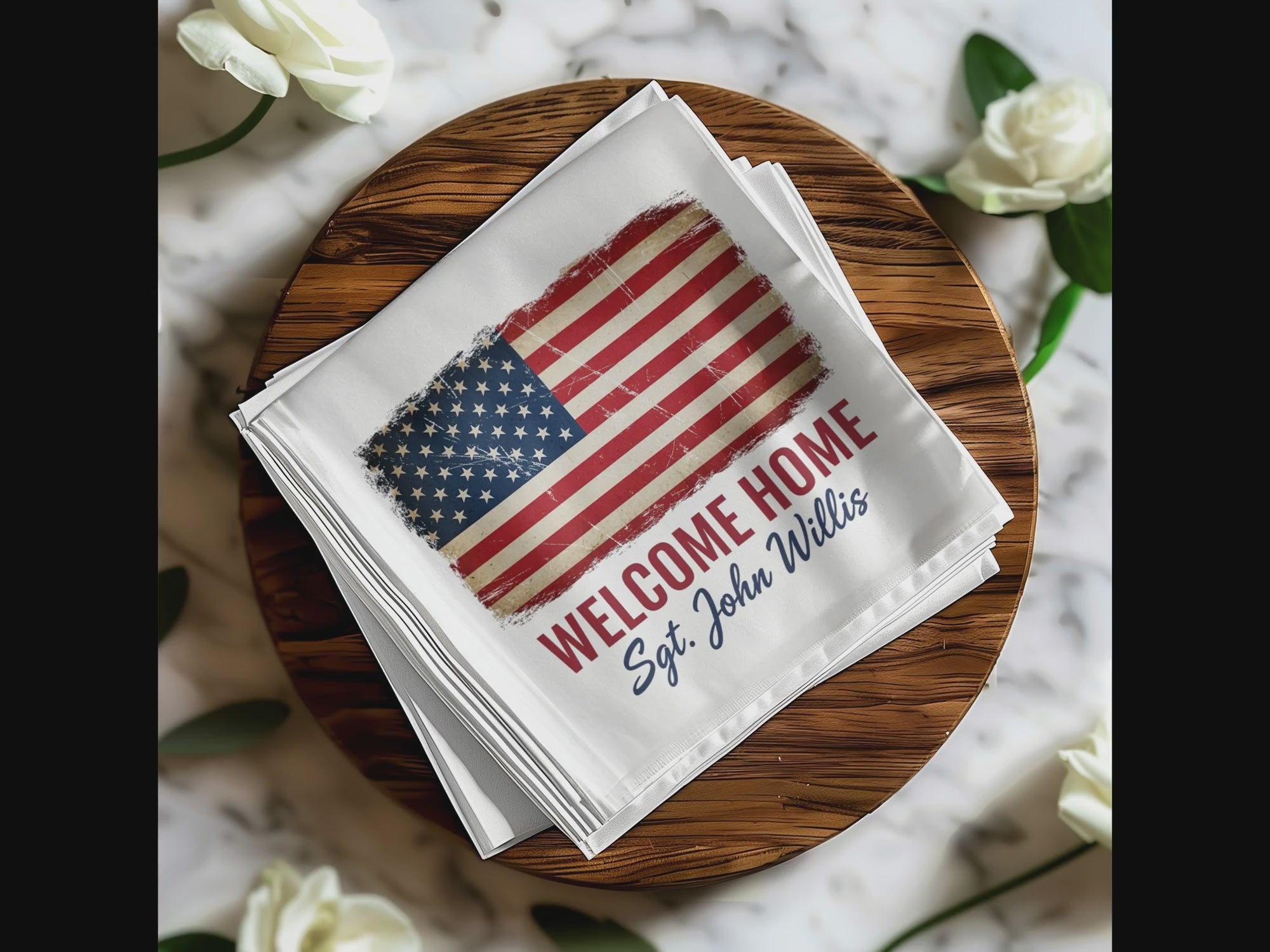 Welcome Home Napkin, American Flag Napkin, Sgt John Willis Napkin, Patriotic Napkin, Military Napkin, Personalized Napkin