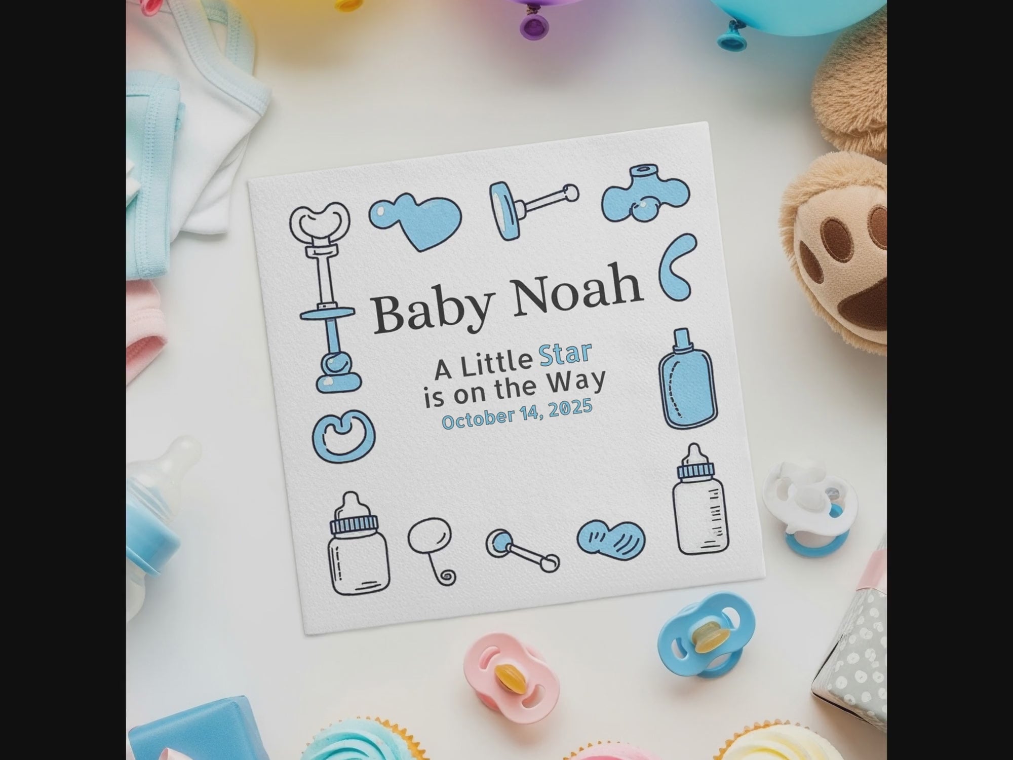 Personalized Baby Shower Napkins – A Little Star Is on the Way – Custom Baby Shower Napkin with Blue Icons – Boy Theme