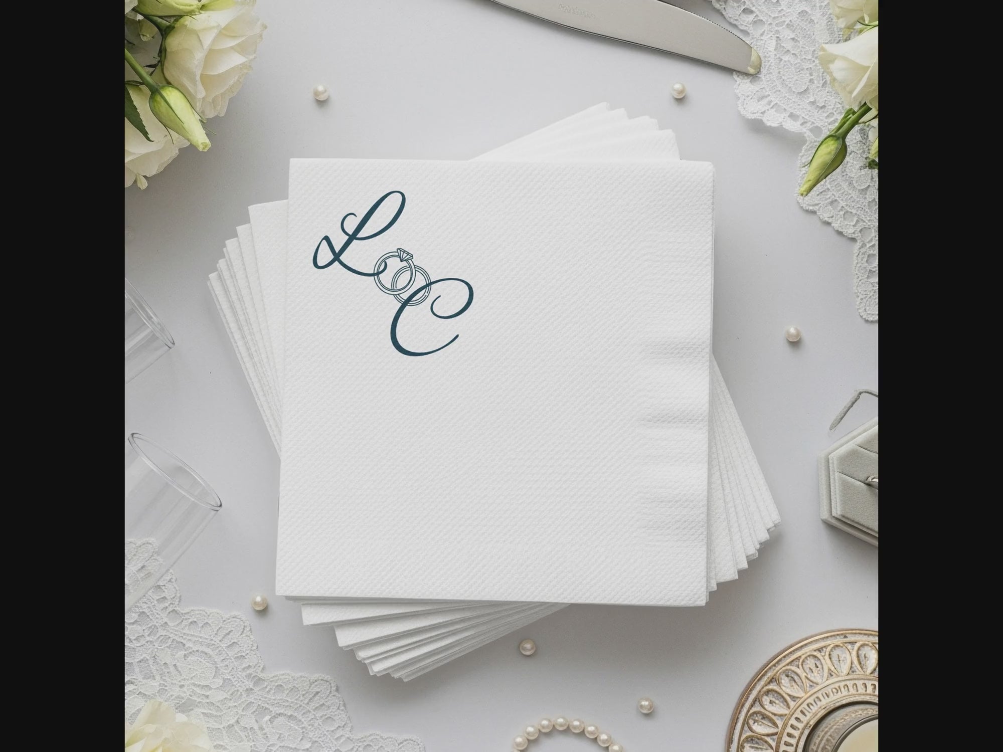Personalized Wedding Napkins – Ring Monogram – Custom Wedding Napkin with Script Initials & Rings – Elegant Minimal Style