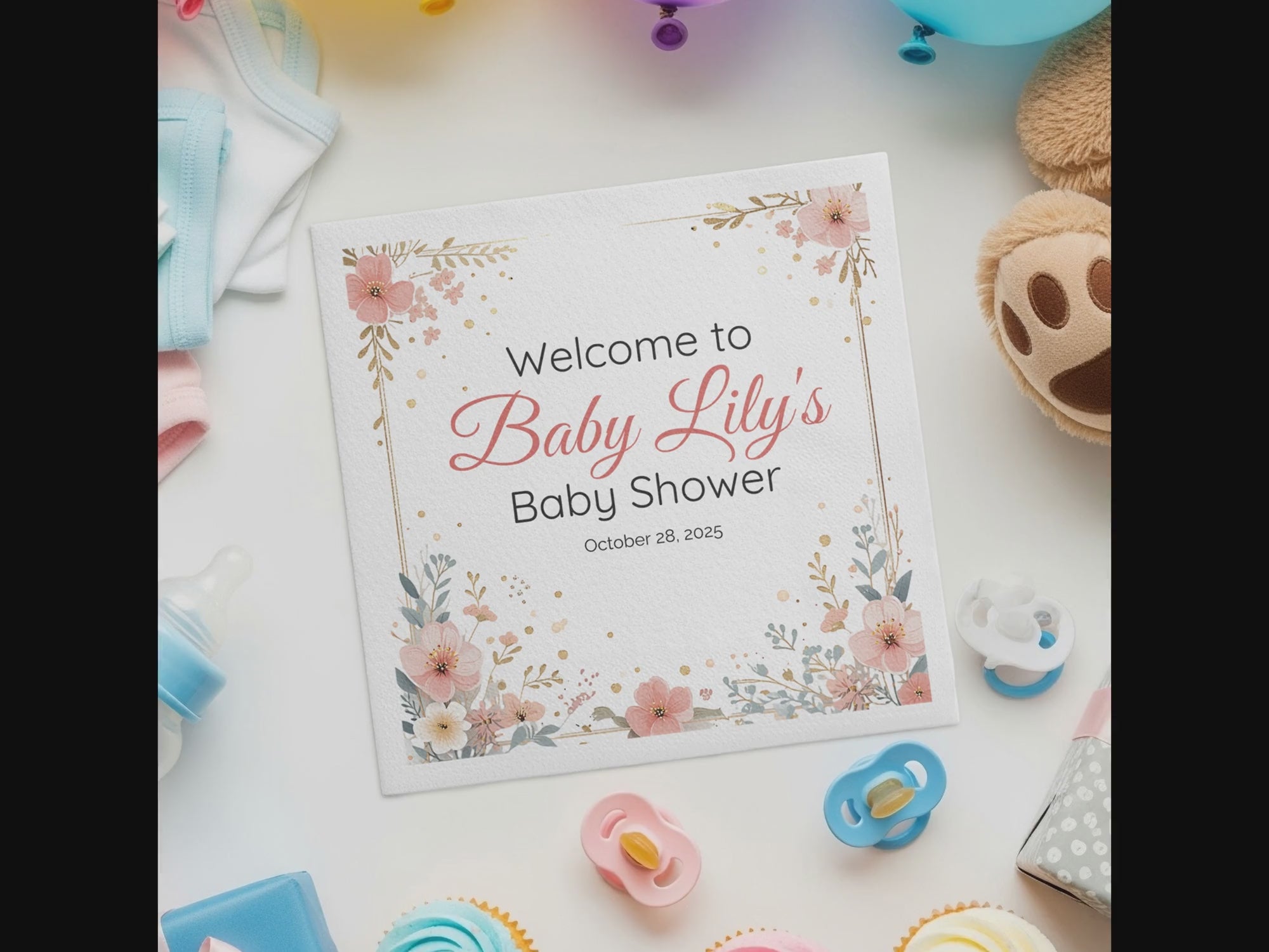 Personalized Baby Shower Napkins – Welcome Baby Floral – Custom Baby Shower Napkin with Name & Date – Featuring Gold-Speckled Blossoms