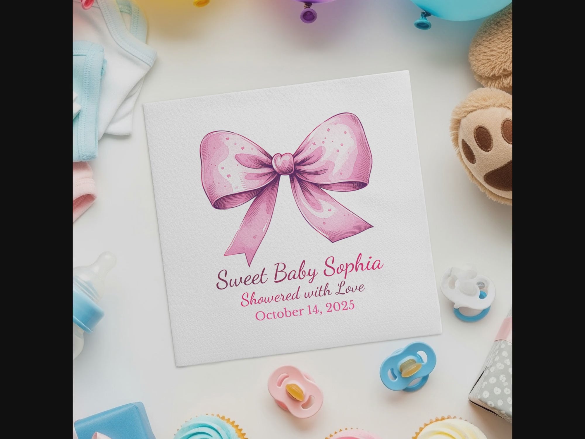 Personalized Baby Shower Napkins – Sweet Baby – Pink Bow – Custom Baby Shower Napkin with Date – Girly Statement Bow